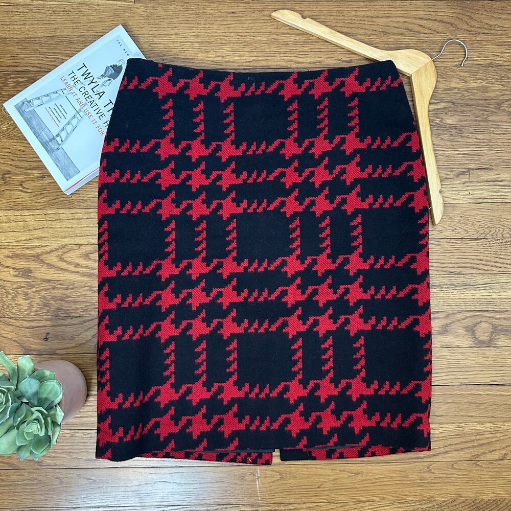 Talbots Red & Black Houndstooth Wool Pencil Skirt